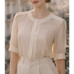 VTG Jordan NY Embroidered Floral Pleated Blouse Size 8 Cream Romantic Coquette
